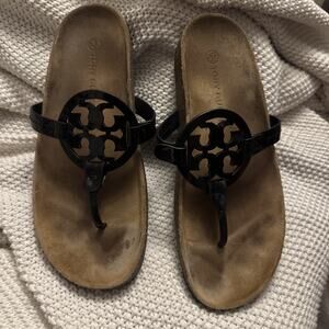 Tory Burch Miller Cloud Women’s Footbed Sandals Sz 9.5 Black Patent Leather Cork